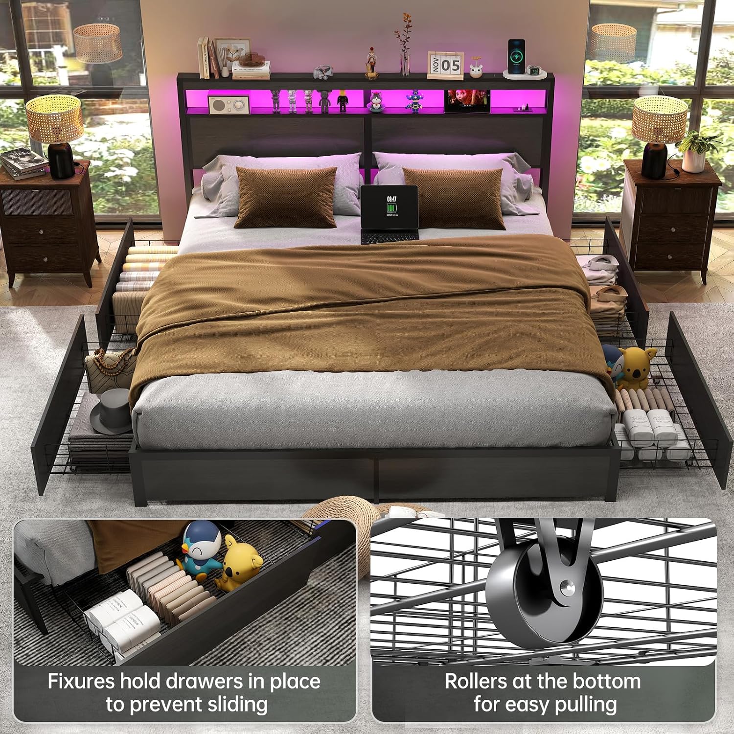 King Size Bed Frame with LED L - King Size Bed Frame With Storage Drawers 评论和价格