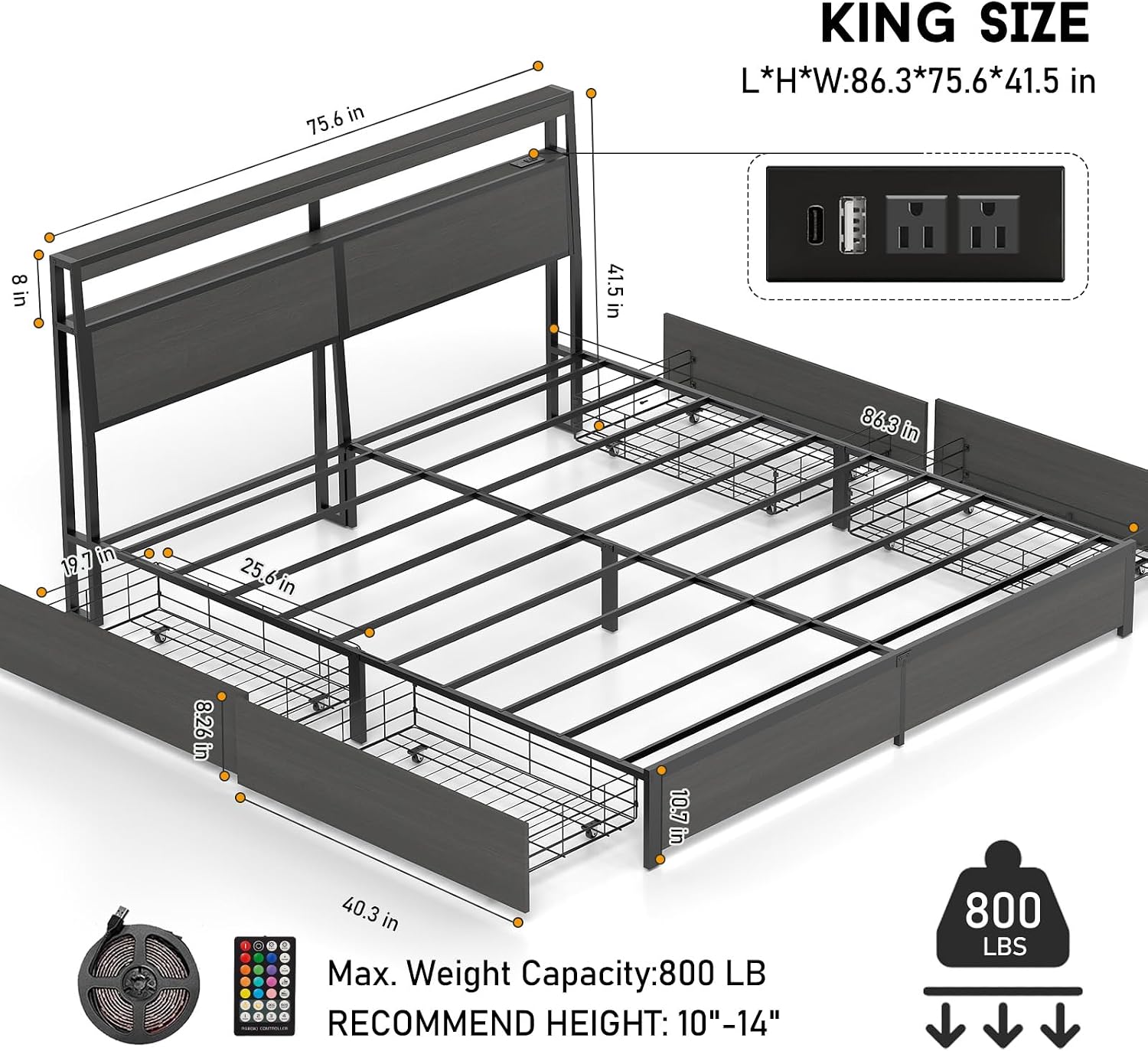 King Size Bed Frame with LED L - King Size Bed Frame With Storage Drawers 评论和价格