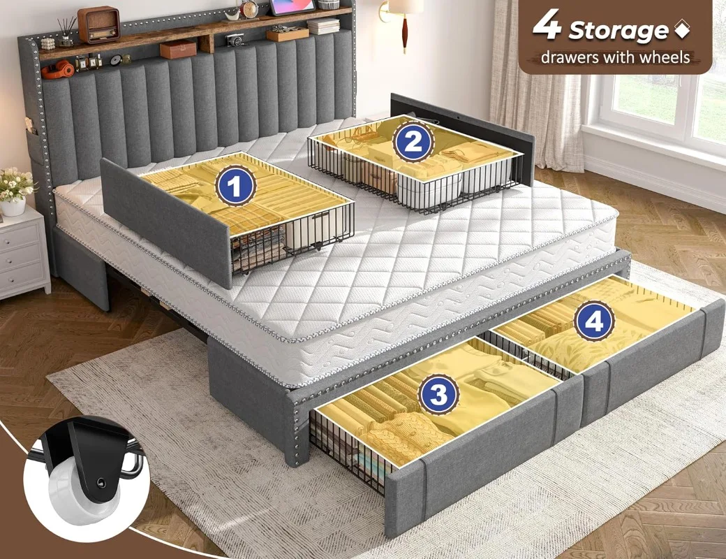 EnHomee Upholstered King Size  - King Size Bed Frame With Storage Drawers 评论和价格