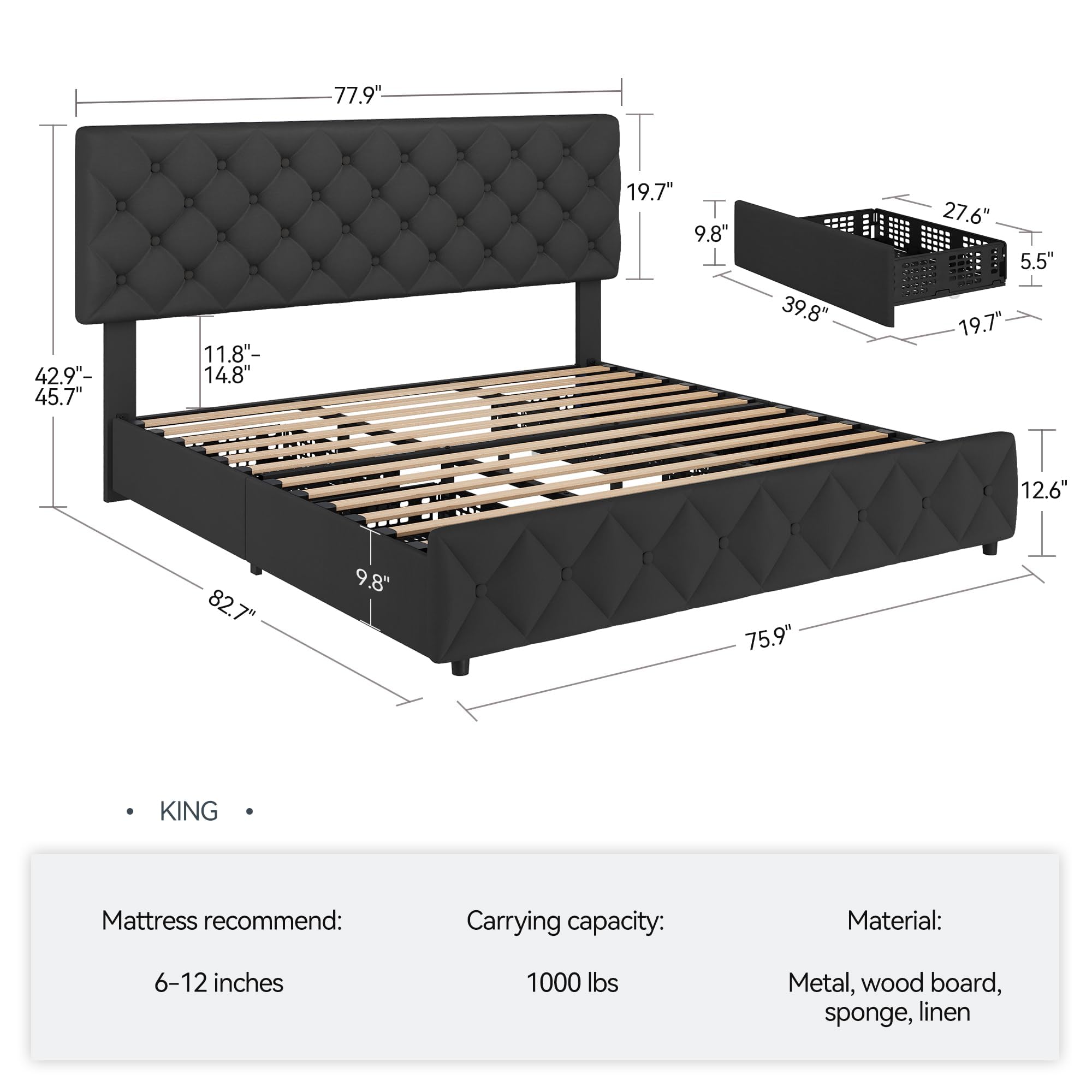 King Size Bed Frame with 4 Sto - King Size Bed Frame With Storage Drawers 评论和价格